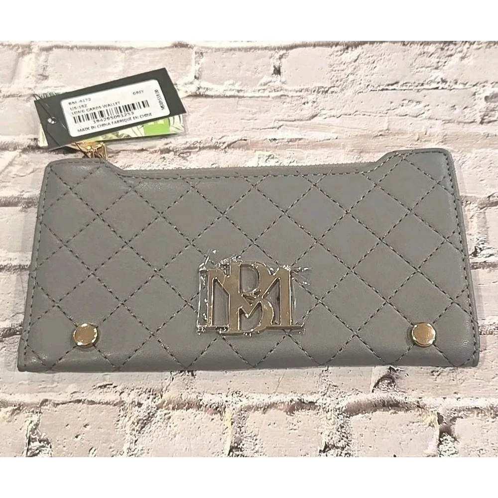 Badgley Mischka Diamond Quilting Long Wallet Gray Vegan Leather BM-4172 MSRP $59